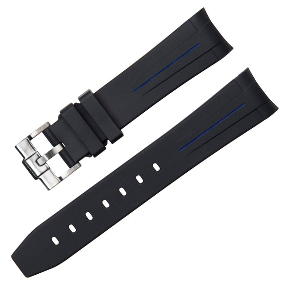 20MM BLACK / BLUE VULCANISED RUBBER STRAP FOR ROLEX SPORTS MODELS, SUBMARINER, GMT MASTER