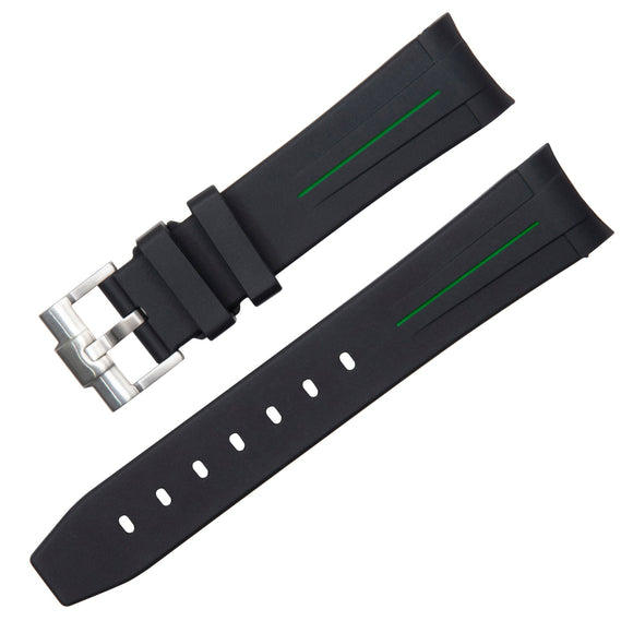 20MM BLACK / GREEN VULCANISED RUBBER STRAP FOR ROLEX SPORTS MODELS, SUBMARINER, GMT MASTER